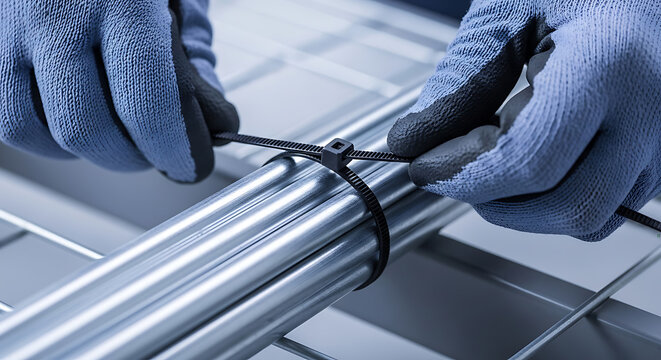 Gloved hands fastening a cable tie around bundled electrical conduit pipes on a metal rack