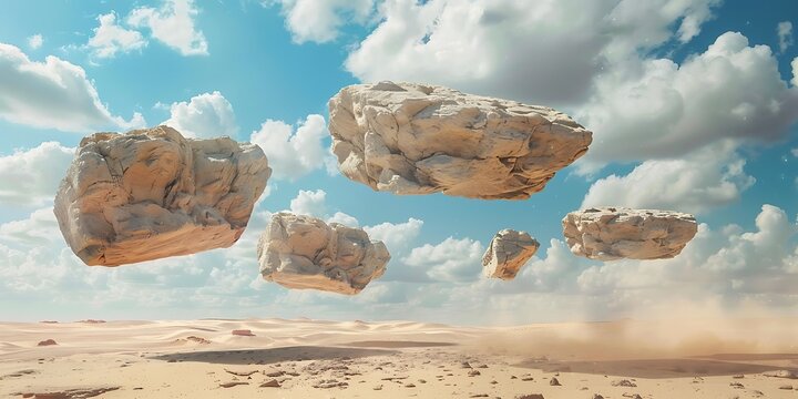 Floating rocks in desert landscape with blue sky and white clouds