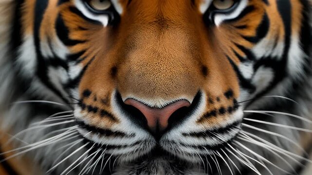Captivating close-up of a magnificent wild tiger's face, showcasing its powerful features, intricate fur, and intense gaze with whiskers prominent
