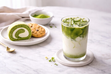 Iced Matcha Latte and Dessert Table with Copy Space