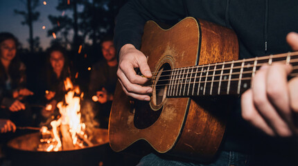 Fototapeta premium Person playing acoustic guitar during night gathering around campfire with friends, sparks flying from fire pit, creating warm and cozy atmosphere.