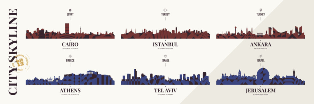 City skyline silhouettes Cairo, Istanbul, Ankara, Athens, Tel Aviv, Jerusalem, Panoramas of Western Asia and Greece horizon with abstract brutalism geometric pattern, detail urban cityscape, kit 13