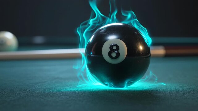 Black billiard ball number eight with glowing blue energy effect on pool table.