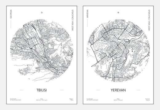 Travel detailed urban poster, Tbilisi - Georgia and Yerevan - Armenia street plan in circle, vector black and white printable map