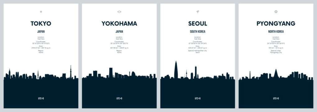 Travel vector set with city skylines Tokyo, Yokohama - Japan, Seoul - South Korea, Pyongyang - North Korea, detailed urban skylines minimalistic graphic artwork