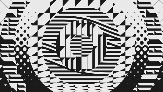 Postmodern geometric ornament with simple shapes in monochrome, collage of circles with different patterns, Abstract modern composition in brutalism style, bold aesthetics, psychedelic illusion art