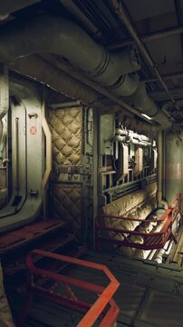 Inside an old underground facility, the walls show signs of wear, while industrial pipes snake along the ceiling. Dim lighting adds an eerie atmosphere to the deserted space, evoking curiosity.