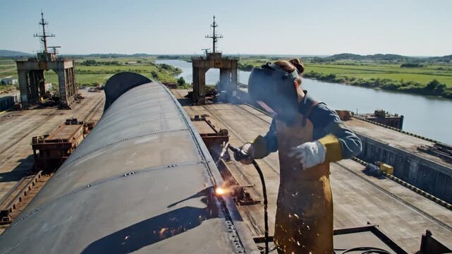 A female worker wearing protective gear stands on a large metal structure, holding a welding helmet, with a river and industrial setting in the background under a bright, sunny sky during the day
