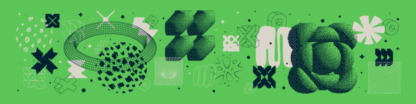 Minimalistic bizarre and brutalism abstract elements, Collection of Universal trendy geometric bright bold shapes, Vector y2k aesthetic graphic assets, brutal and dithering symbols set 5