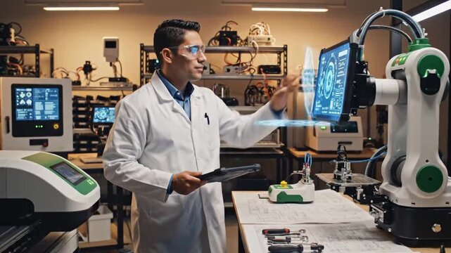 A scientist in a white lab coat works in a technology-filled laboratory, surrounded by robotic arms, computer screens displaying data, and various tools, focused on research and development
