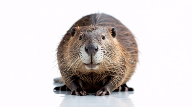Close up of a nutria, myocastor coypus, semi aquatic rodent with brown fur, looking directly at the camera on a white background with copy space