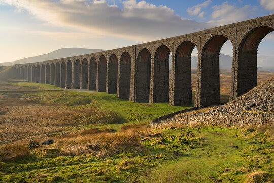 Close-up view of The Ribblehead Viaduct on a sunny morning in The Yorkshire Dales National Park, UK.