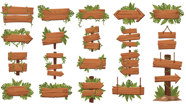 Extensive set of blank wooden planks and signs integrated with tropical greenery, jungle foliage, and hanging vines for outdoors themes.