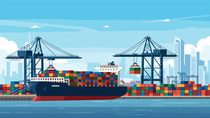 Fototapeta premium Large container ship docks at a busy industrial cargo port with cranes and colorful stacked shipping containers.