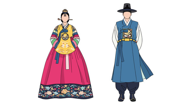 Traditional Korean royal hanbok garments for men and women are displayed as detailed flat fashion illustrations.