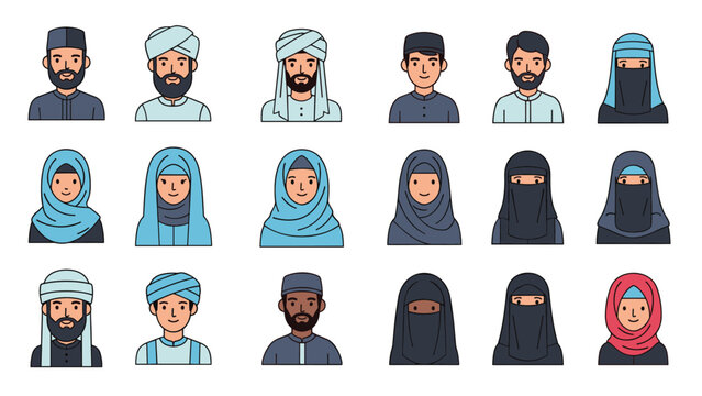 Diverse collection of male and female avatars wearing various types of traditional Muslim headcoverings and clothing.