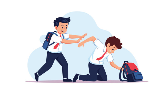 School student helps his classmate who has fallen down and is trying to gather his things from the ground.