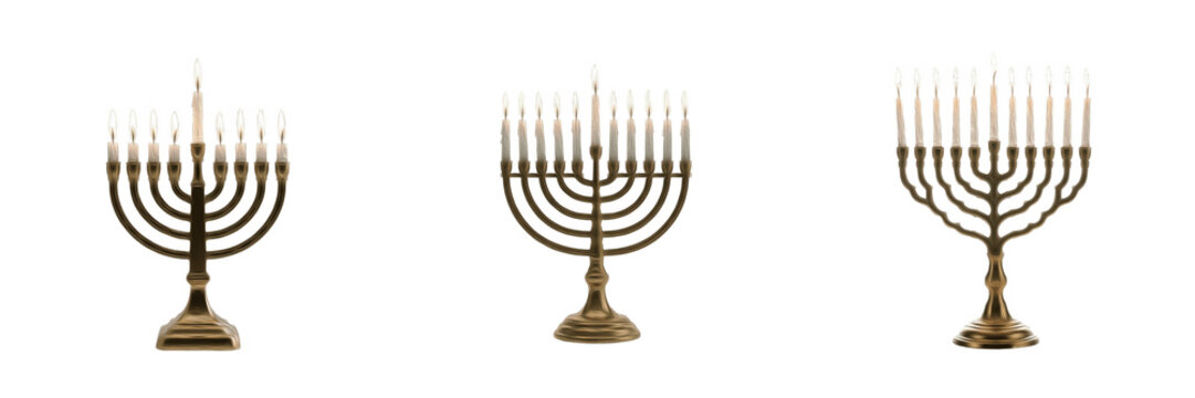 Set of golden Hanukkah menorah with burning candles collection isolated on transparent png background
