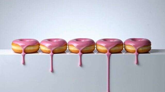 A row of freshly glazed donuts with pink icing, some icing dripping down, on a minimalist white background