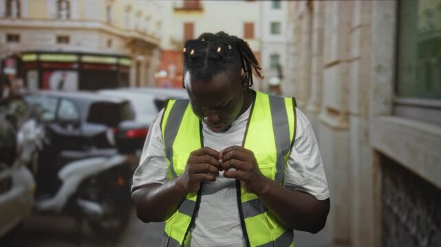 Man in neon yellow reflective vest fidgets with hands while looking down on a city street; anxiety concentration.