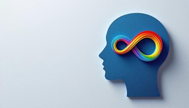 minimalist paper-cut profile with rainbow infinity symbol inside brain area on gray background. ideal for themes related to autism awareness.