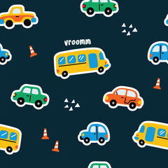 Fototapeta premium Seamless pattern with cute cartoon cars and buses