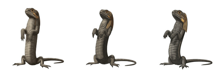 Set of frilled-neck lizards standing upright collection isolated on transparent png background © shahid