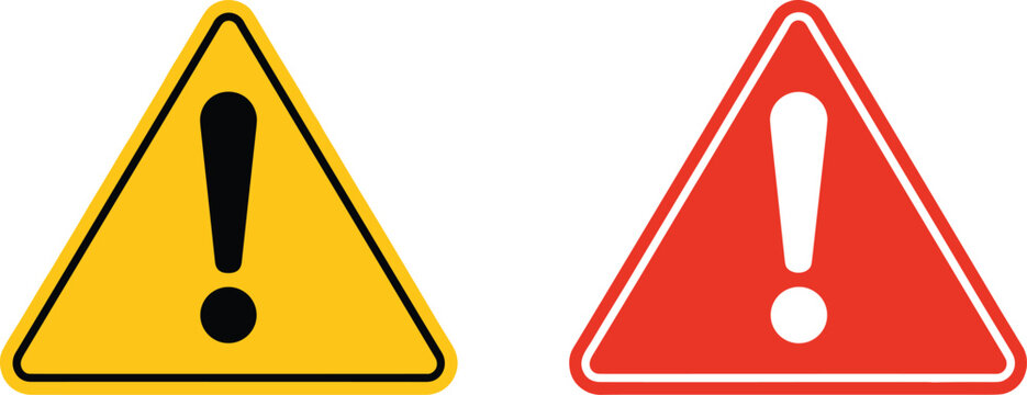 Yellow and red warning sign vector set, triangular hazard alert icons with exclamation mark, industrial safety signal for caution and emergency design