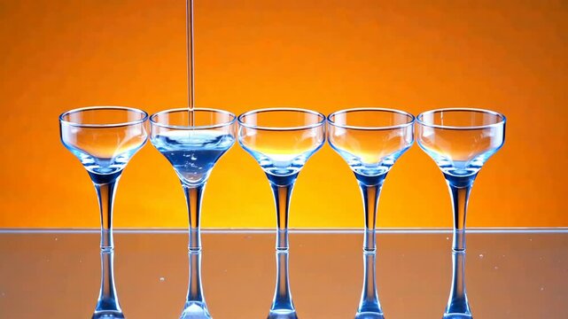 A sequence of clear glass margarita glasses being filled with liquid against a vibrant orange background, creating a lively and festive atmosphere
