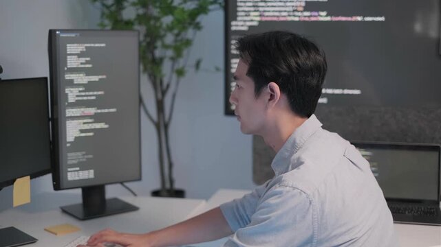 Programmer software engineer application server database developer coding working computer laptop indoor office, business information technology concept