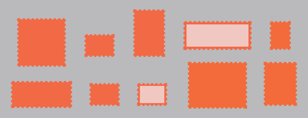 set of blank vintage postage stamp  on an orange rectangle  frames.  with Perforated Edges on Orange.  Vector illustration