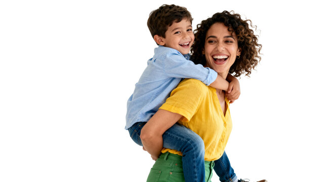 [Transparent Background PNG]Happy Mother and Son Enjoying Piggyback Ride