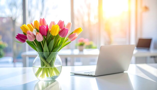Beautiful tulip bouquet in glass vase on office desk with laptop at sunset