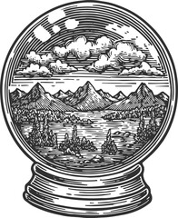 Vintage snow globe illustration with mountain landscape, forest, lake, and cloudy sky inside