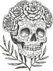 Sugar skull with floral crown and decorative patterns, traditional day of the dead design