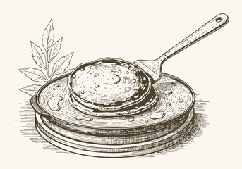 Fototapeta premium Stack of pancakes with syrup and a spatula, hand drawn vintage breakfast illustration
