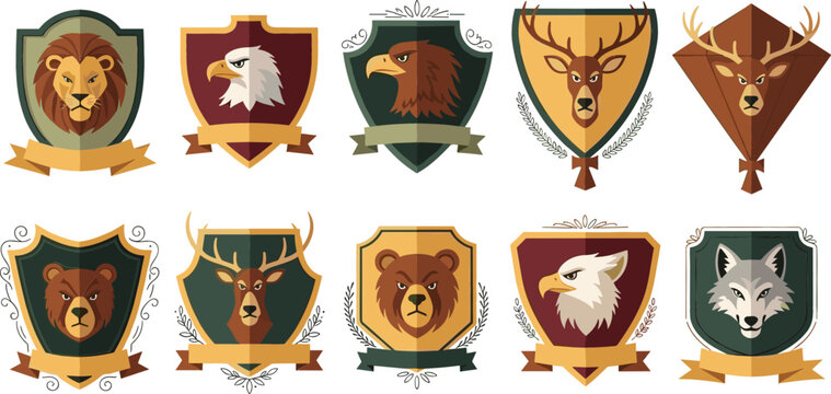 Wild Animal Heraldic Shield Collection with Lion, Eagle, Bear, Deer, and Wolf Emblems for Vintage Crest, Mascot, and Logo Design
