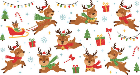 Fototapeta premium Cute Christmas Reindeer Cartoon Collection with Gifts, Sleigh, Snowflakes, Lights, and Festive Holiday Elements for Kids Winter Illustration