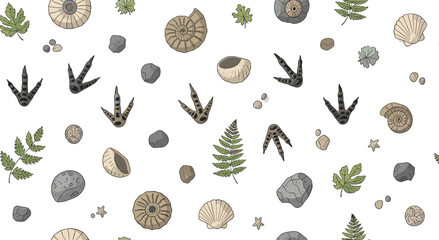 Prehistoric Fossils and Dinosaur Footprints Collection with Shells, Fern Leaves, and Ancient Stones for Paleontology and Natural History Illustration © Sanjida