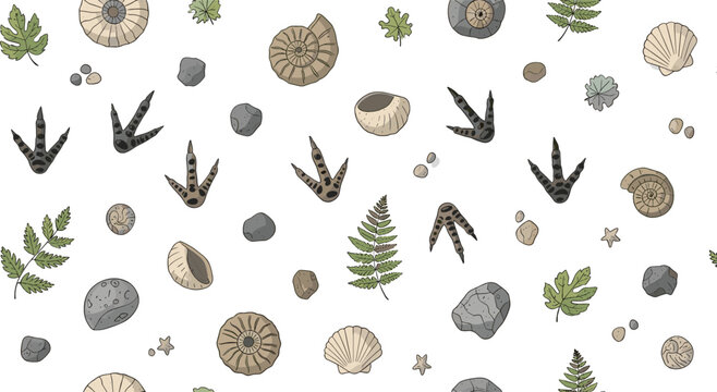 Prehistoric Fossils and Dinosaur Footprints Collection with Shells, Fern Leaves, and Ancient Stones for Paleontology and Natural History Illustration
