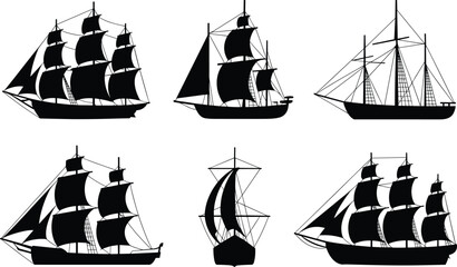Six black silhouettes of historical sailing ships on white background call error © Its me...