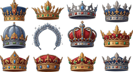 Royal Crown Collection with Gold, Silver, and Jeweled King and Queen Crowns for Medieval Monarchy, Luxury Heraldry, and Fantasy Illustration Design © Sanjida