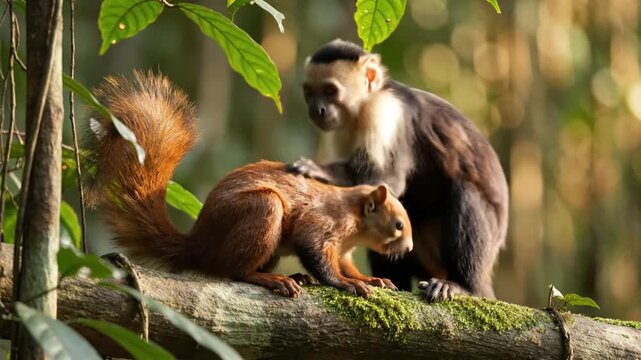 A Capuchin Monkey and Squirrel Interacting on a Tree Branch in the Forest.