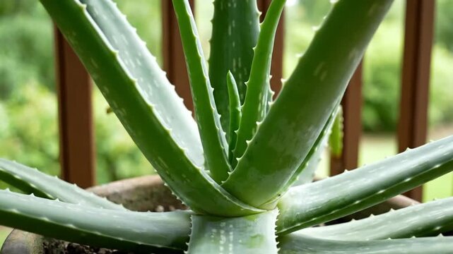 Potted aloe vera plant on outdoor deck railing in daylight