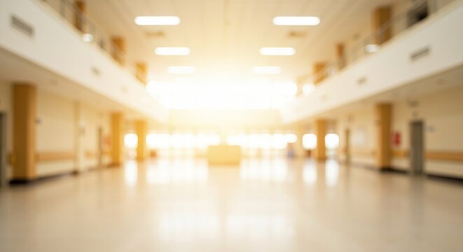 Serene Hospital Interior Golden Light Filtering Through Windows, Creating a Calming Space