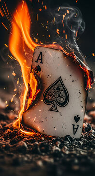 Ace of Spades card burning with intense flames and smoke 1.