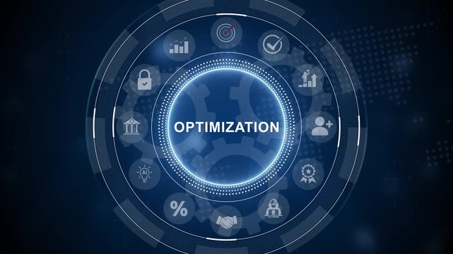 Digital optimization concept featuring circuit board elements and blue glowing visualization. Motion graphics and digital technology icon interface background
