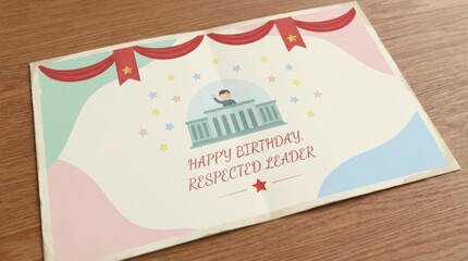 Obraz premium a pastel-themed postcard template for celebrating the north korean leaders birthday featuring red banners and star decorations against a minimalist background