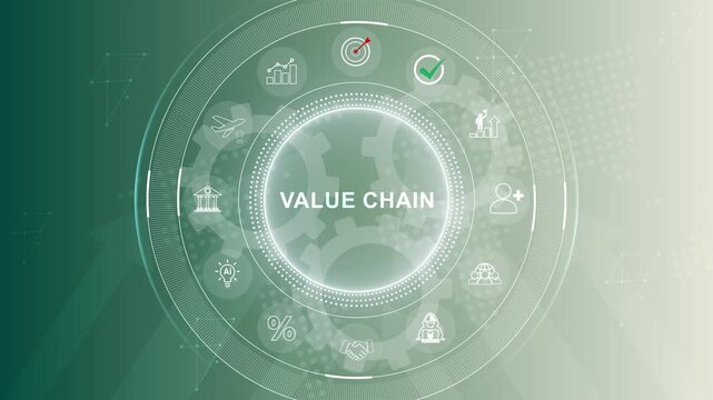 Value chain, business concept. Digital animation glowing blue circuit lines, technology. Motion graphics and digital technology icon interface background