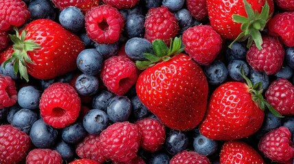 Obraz premium Assortment of Fresh Berries Including Strawberries, Raspberries, and Blueberries.